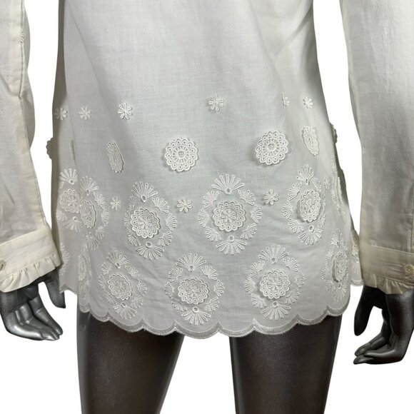 Bell Fine Garments White Embroidered Long Sleeve Button-Up Blouse With Scalloped - Picture 4 of 7